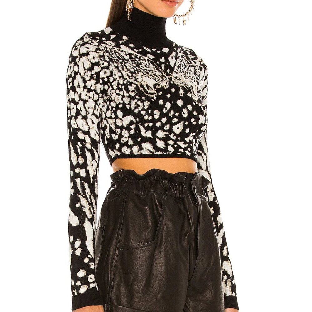 Dundas Revolve Kimy Turtleneck Sweater M Black White Gold Animal Print Leopard
